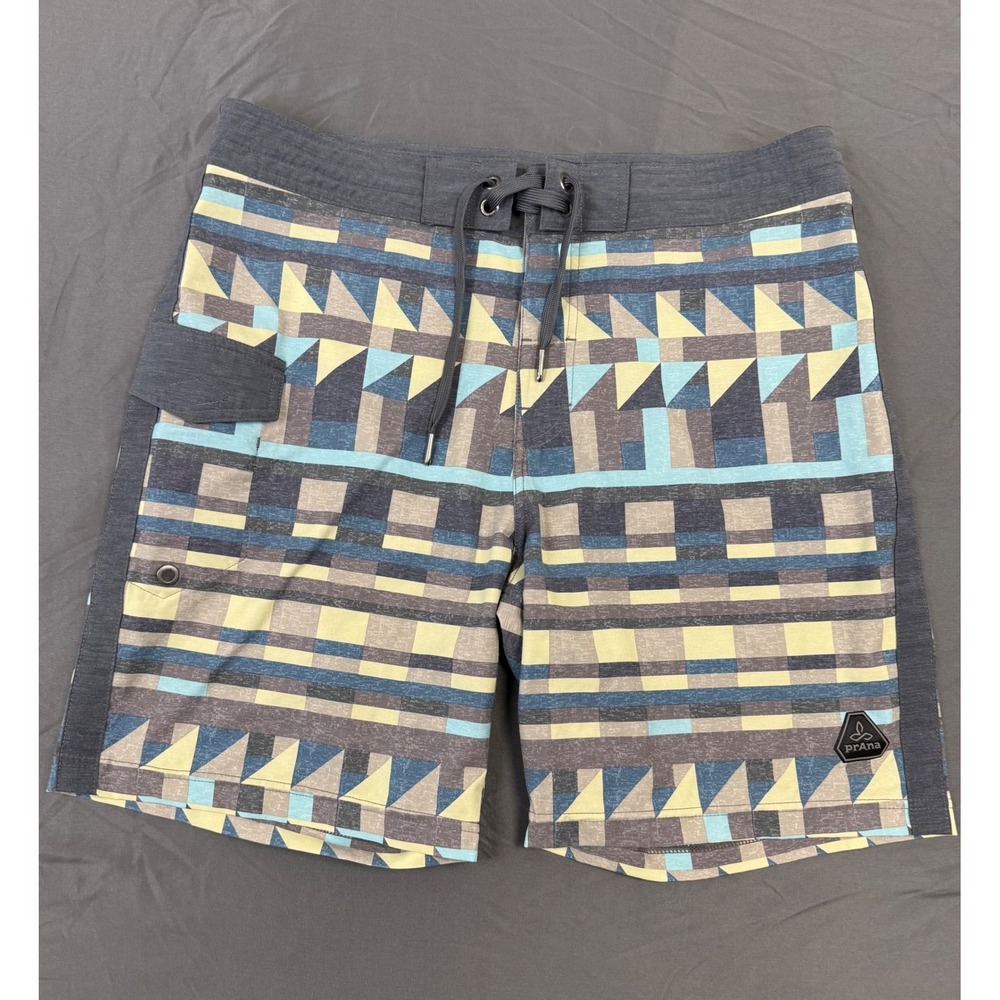 Prana Mens Aztec Board Shorts Size 34 Blue Grey Yellow Geometric Tribal UPF 50